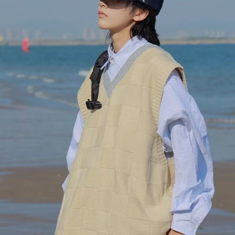 日系秋冬情侶款學風院針織馬甲男美拉德寬鬆坎肩疊穿毛衣背心外穿