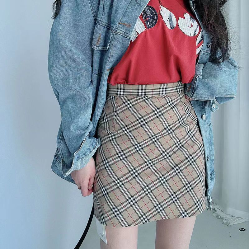 Autumn and winter 2023 new khaki plaid skirt for women with hip-covering American retro college style sub-skirt a-line skirt