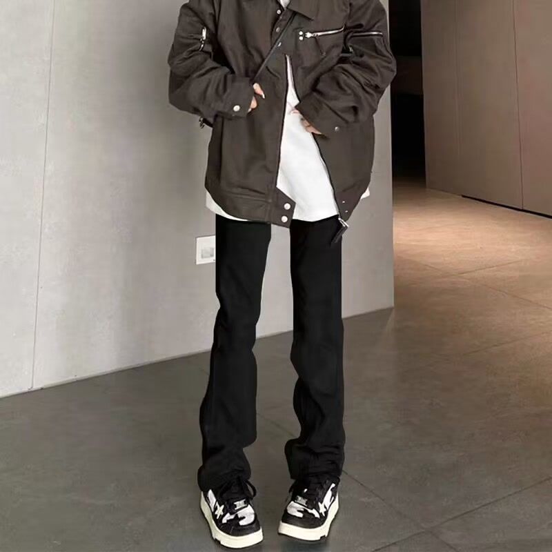 純黑色微喇牛仔褲男款修身ootd穿搭褲子高街vibe風秋季直筒喇叭褲