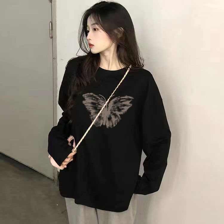 100%純棉美式復古重磅圓領常規款女春秋寬鬆慵懶chic無帽上衣潮