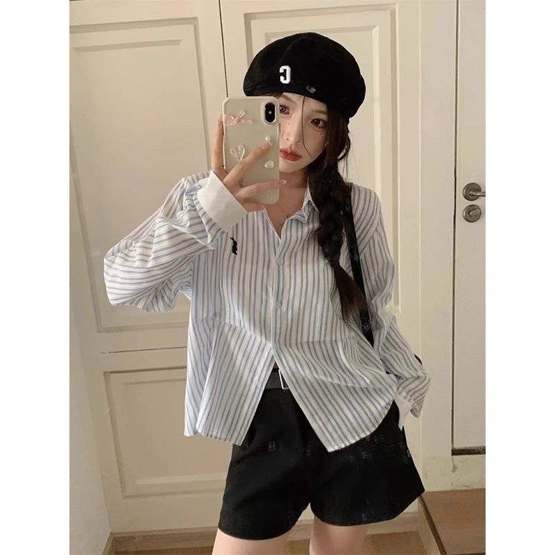 法式純棉條紋長袖襯衫女早秋新款寬鬆襯衣高級收腰設計感清新上衣