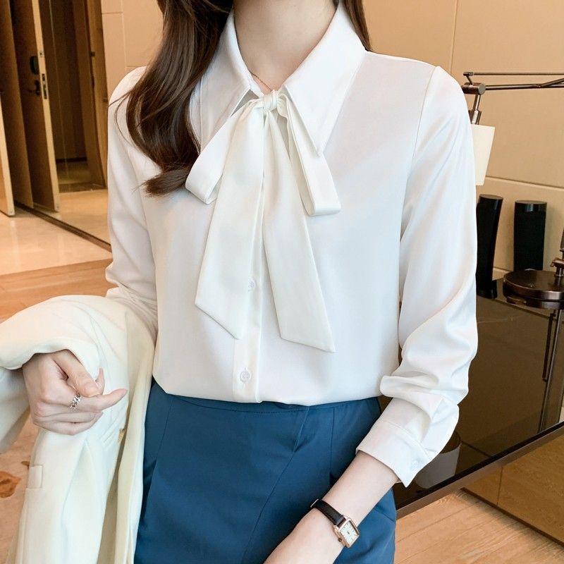白色襯衫女職業面試長袖蝴蝶結系帶法式通勤百搭設計感春秋季上衣