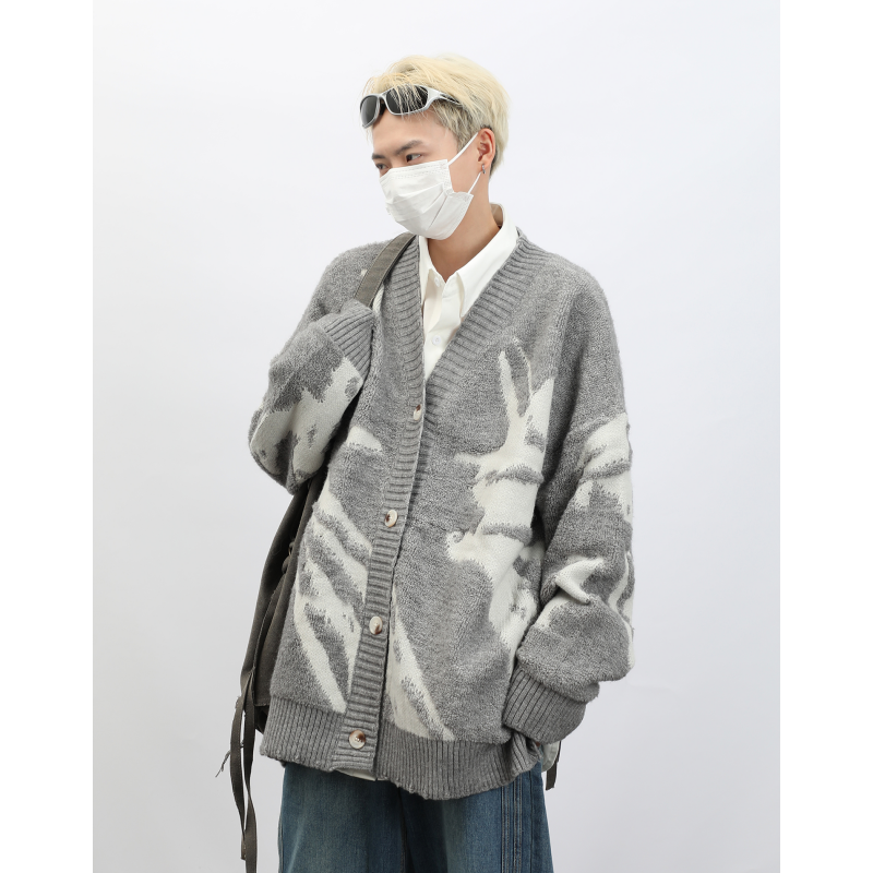 American cardigan sweater men's loose oversize trendy high street hip-hop jacket