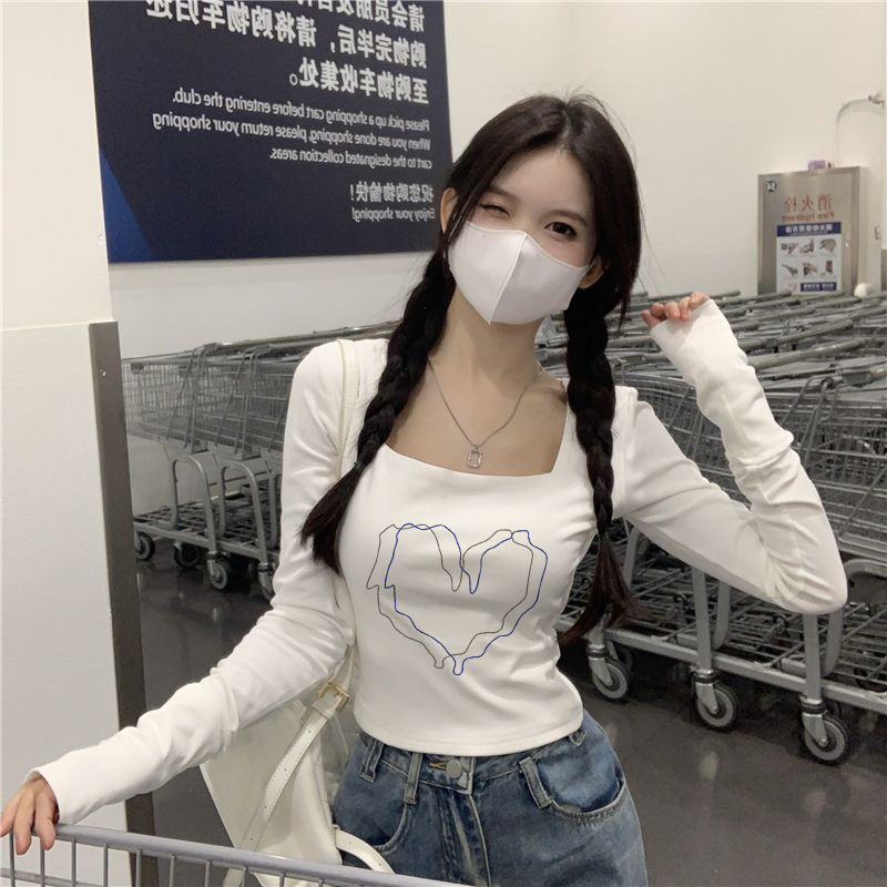 白色短款方領長袖T恤女早秋簡約修身顯瘦內搭打底衫百搭正肩上衣