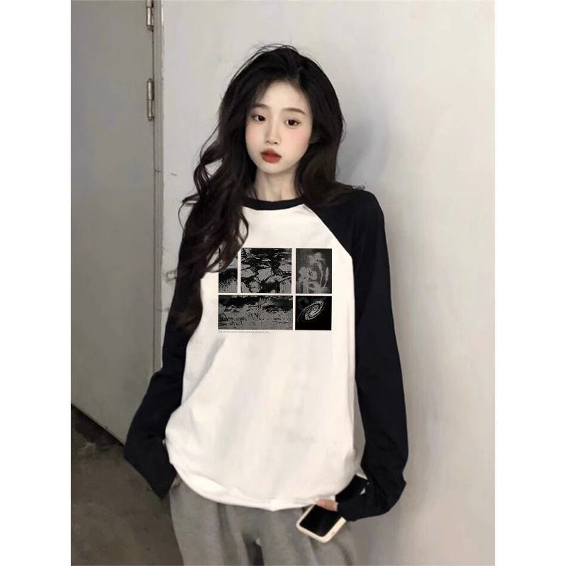 100%純棉插肩長袖t恤女春秋內搭打底衫外穿寬鬆正肩撞色拼接上衣
