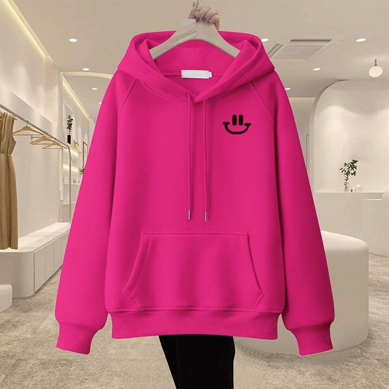 American retro smiley face print rose red hooded sweatshirt for women autumn and winter new heavyweight pure cotton silver fox velvet jacket trendy