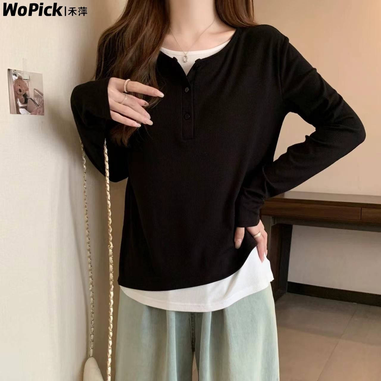 顯瘦假兩件長袖T恤女拼接撞色上衣微胖MM寬鬆百搭正肩秋冬打底衫
