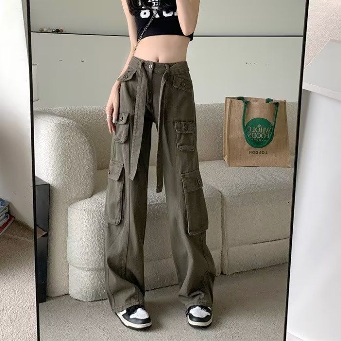 復古工裝牛仔褲女春秋高腰大碼直筒闊腿休閒寬鬆長褲子ins高街潮