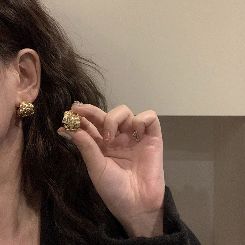 純銀耳釘復古褶皺金屬耳環女ins風洋氣不規則奢華耳飾銀針網紅
