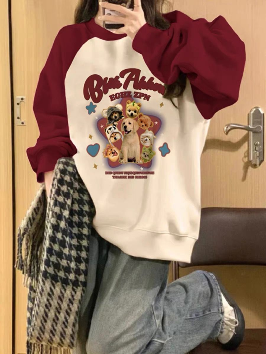 美式插肩圓領衛衣女款秋冬小個子寬鬆慵懶風長袖上衣無帽潮牌外套