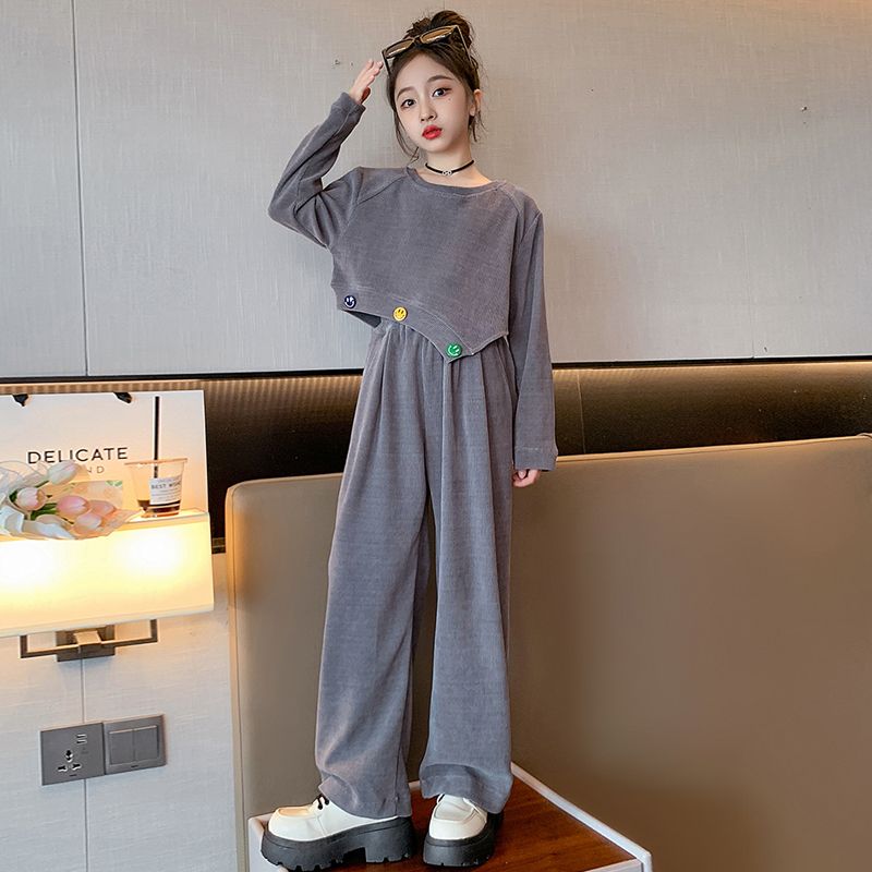女童秋冬款休閒套裝2023新款洋氣中大兒童裝長袖闊腿褲運動兩件套