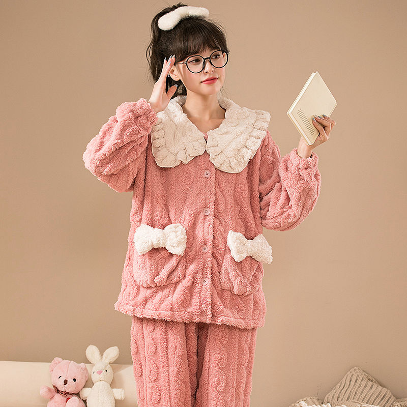 甜美珊瑚絨睡衣女秋冬季新款加絨加厚法蘭絨網紅ins風家居服套裝