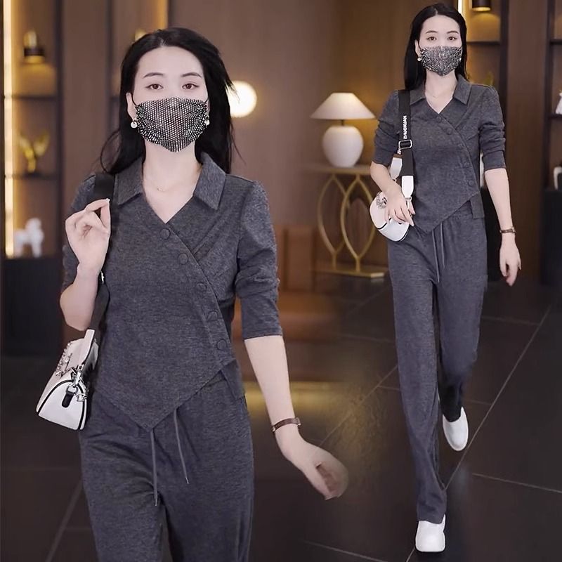 休閒闊腿褲套裝女2023秋季新款洋氣質顯瘦小個子衛衣運動服兩件套