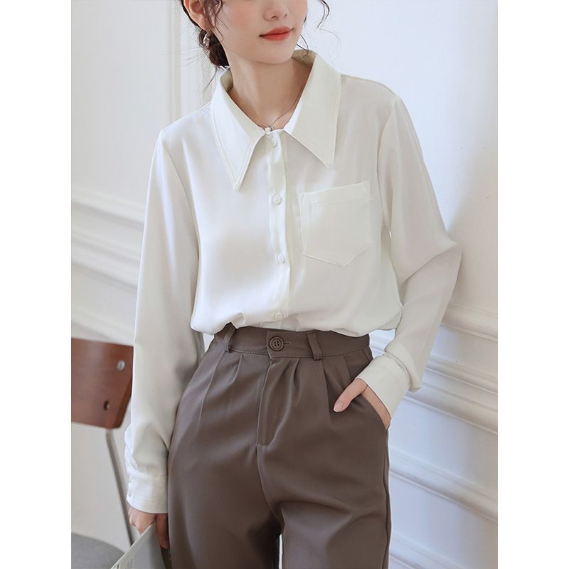 白色襯衫女士春秋長袖職業POLO領正裝工作服面試百搭簡約通勤上衣