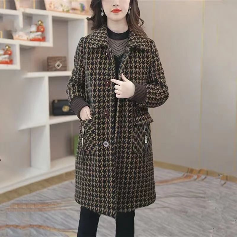 水貂絨大衣女2023新款中年媽媽裝百搭加棉高端中長款格子毛呢外套