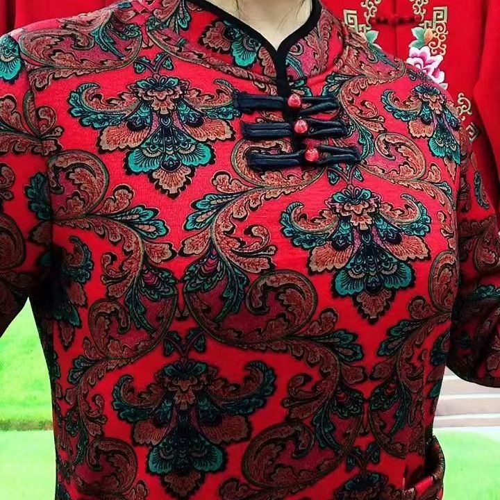 高檔旗袍40到50歲中老年人媽媽裝2023春秋新款復古盤扣印花打底衫
