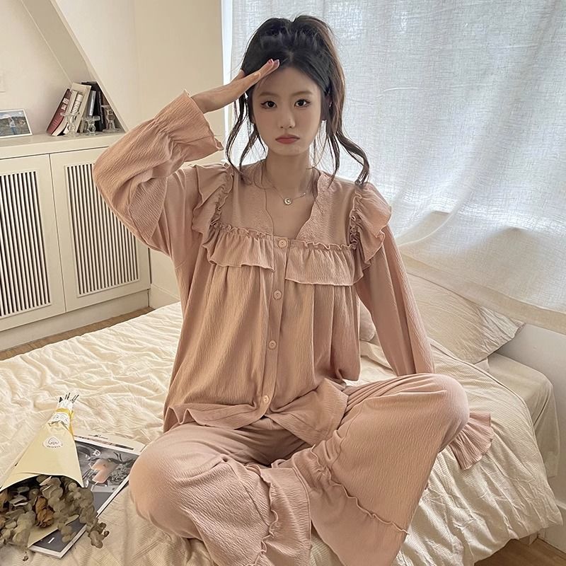 花邊公主風睡衣女款長袖套裝春秋冬季新款仿純棉可外穿甜美家居服