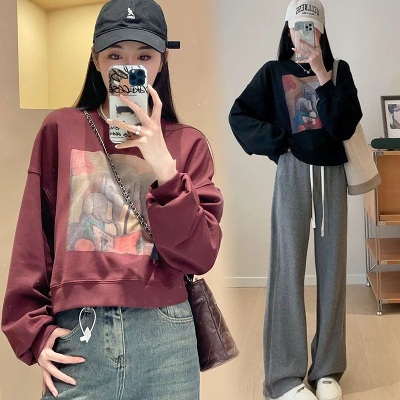 藍海奕諾印花寬鬆短款套頭衛衣女2023秋季新款顯瘦小個子時尚上衣