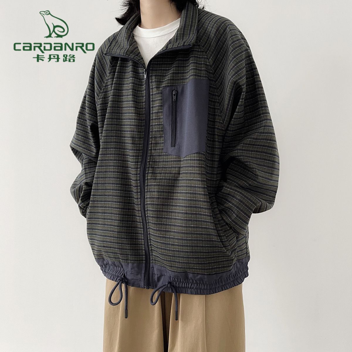 卡丹路外套男2023秋季新款日系復古立領格紋情侶寬鬆潮牌痞帥夾克