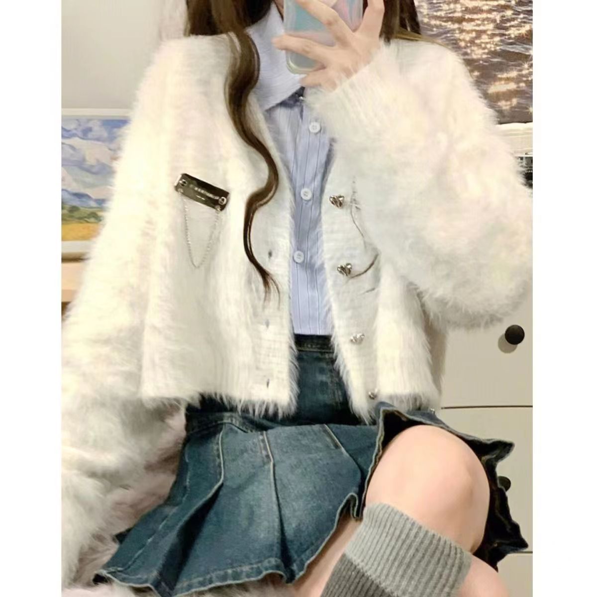 美式復古愛心扣開衫毛衣女秋季2023年新款寬鬆百搭長袖毛毛針織衫