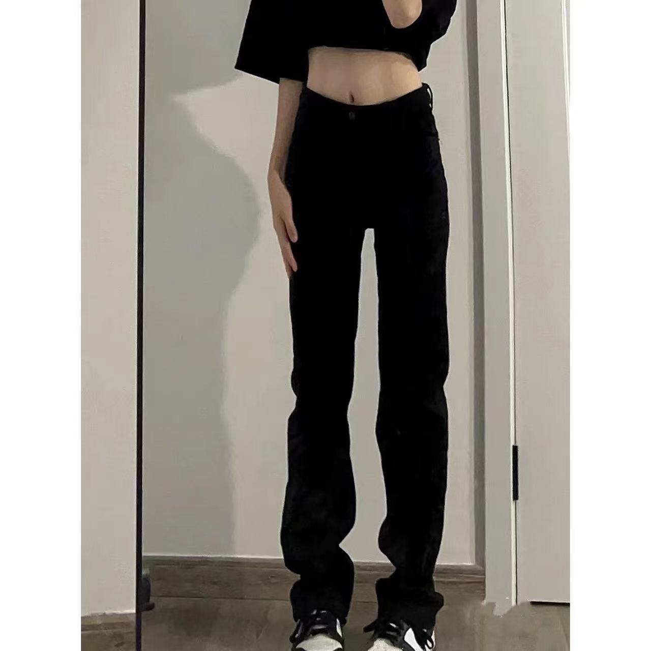 筒牛仔褲女秋冬爆款窄版闊腿褲小個子黑色寬鬆高腰煙管拖地長褲