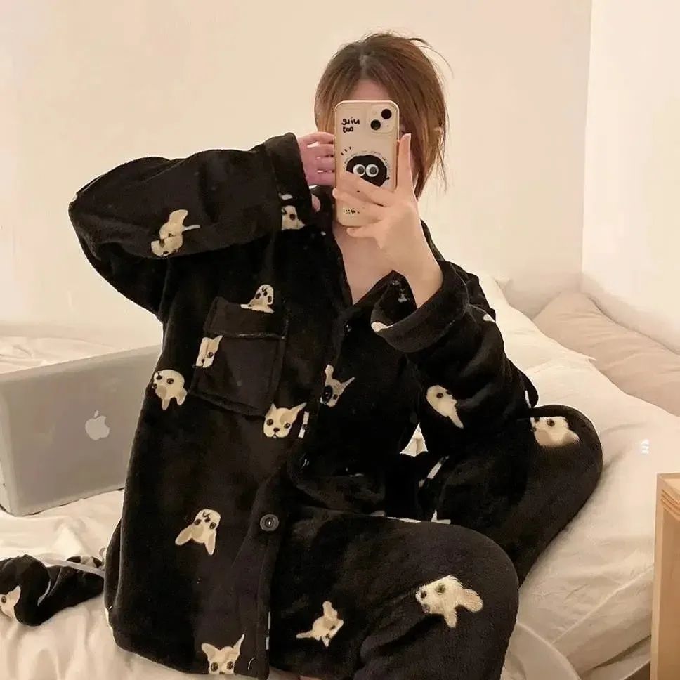 白鹿同款珊瑚絨情侶睡衣秋冬季加絨加厚男女款法蘭絨家居服套裝