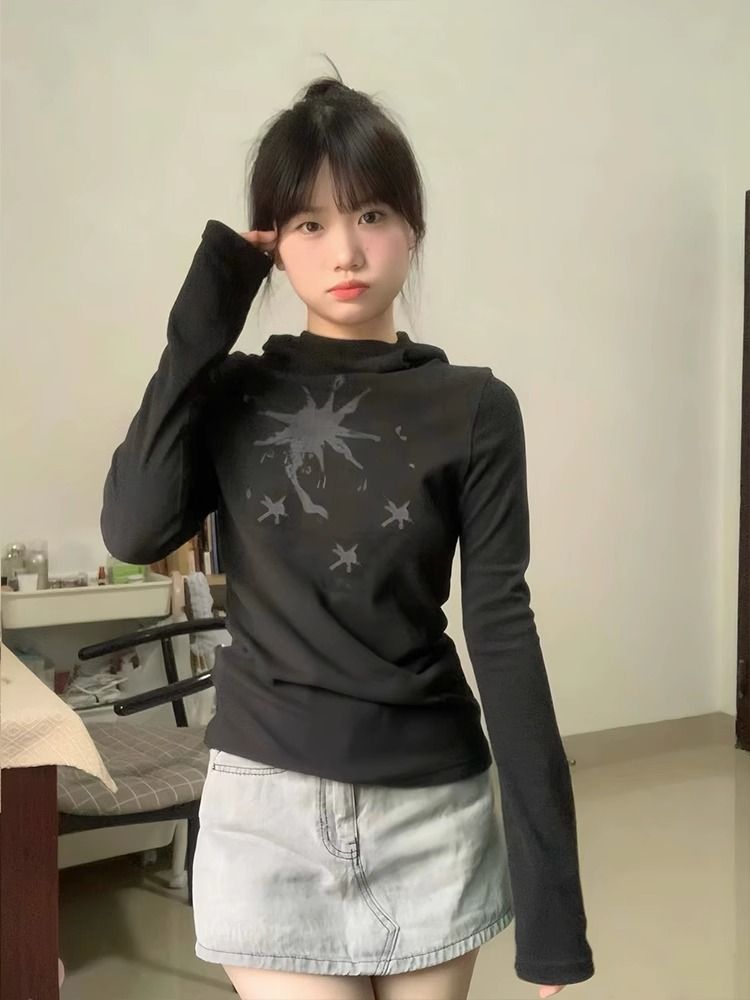美式復古長袖t恤女秋冬加絨新款設計感小眾打底衫顯瘦連帽上衣