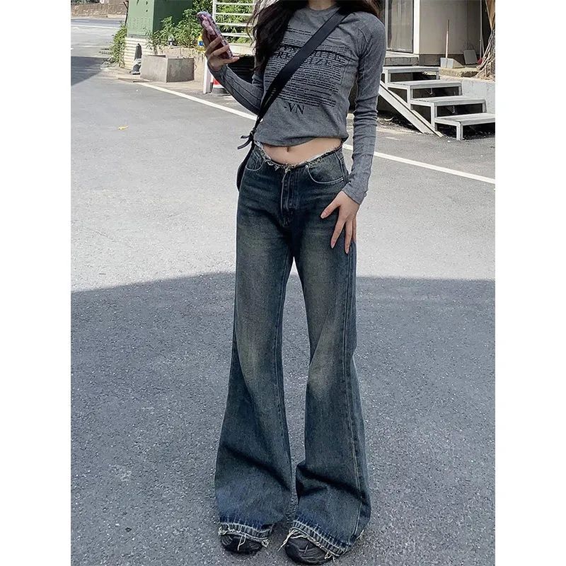 美式高街毛邊微喇叭牛仔褲女秋季新款辣妹寬鬆顯瘦顯高闊腿拖地褲
