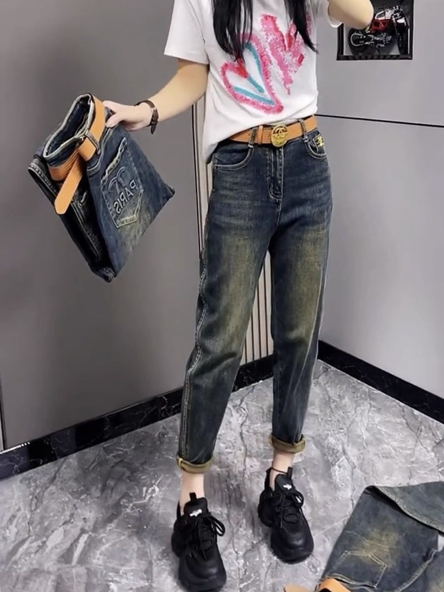 梨形身材微胖穿搭大碼九分顯瘦哈倫老爹牛仔褲子女2023年秋季新款
