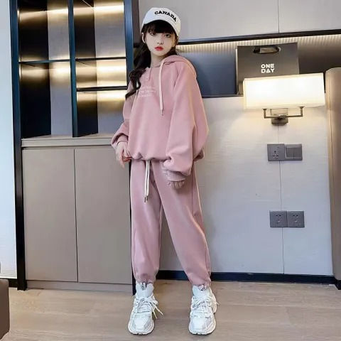 女童秋冬加絨套裝2023新款時尚女孩洋氣休閒運動兩件套中大兒童裝