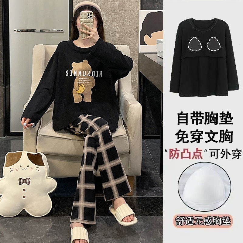 新款卡通帶胸墊100%純棉睡衣女款長袖春秋季可愛公主風家居服套裝