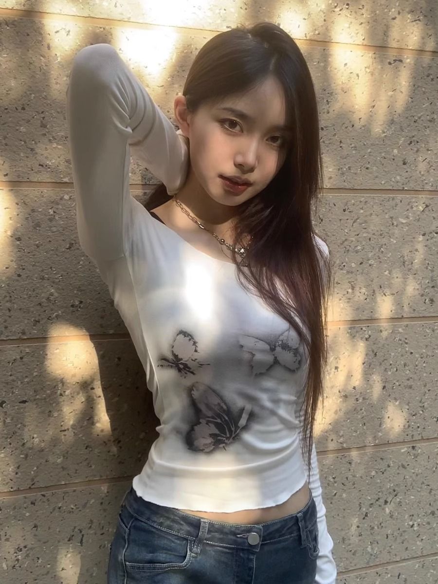 純欲U領正肩T恤女夏秋季修身顯瘦短款長袖辣妹印花百搭打底衫ins