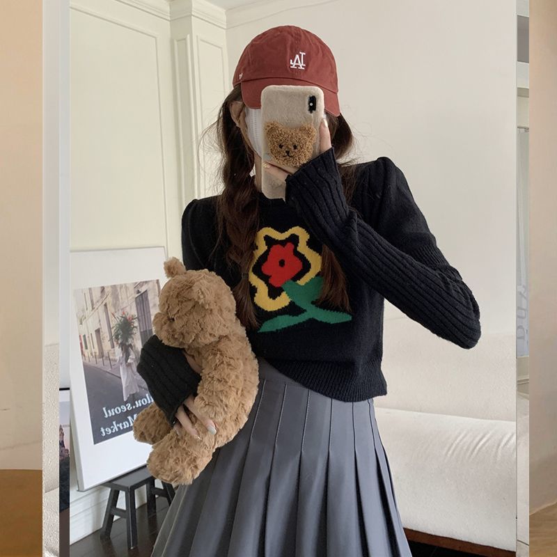 法式減齡俏皮甜酷風花朵針織衫女早秋長袖顯瘦純欲甜美帶袖套上衣