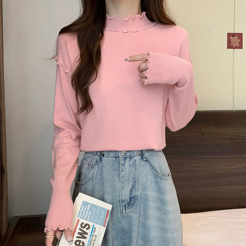 白色木耳邊半高領針織打底衫女秋冬大衣內搭上衣毛衣2023新款秋冬