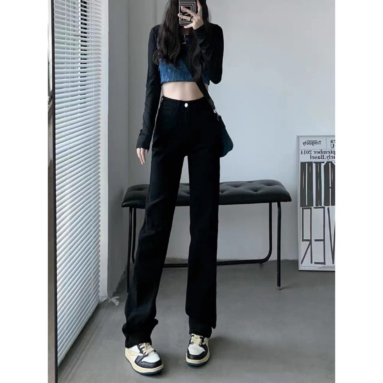 黑色窄版牛仔褲女秋季2023秋冬季高腰顯瘦緊身直筒煙管拖地褲小眾