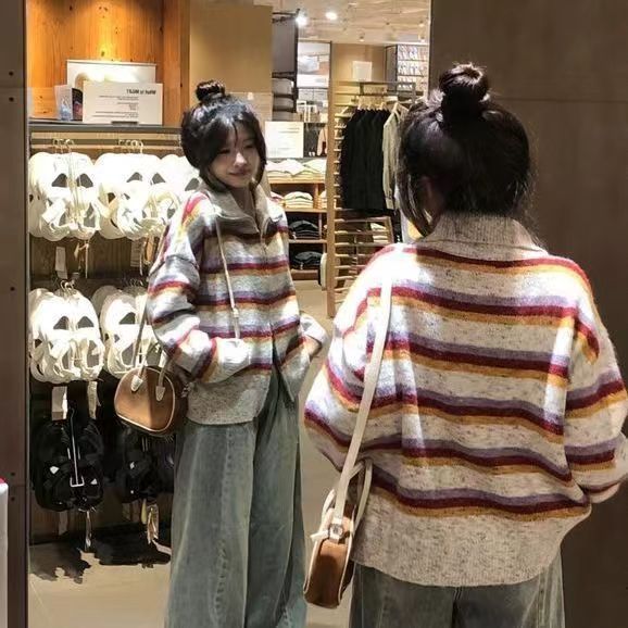 時尚減齡彩虹條紋翻領毛衣女秋冬季POLO領寬鬆氣質百搭開衫外套潮
