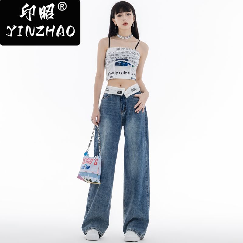 【印昭YINZHAO】美式復古闊腿牛仔褲女垂感辣妹小眾高街設計感