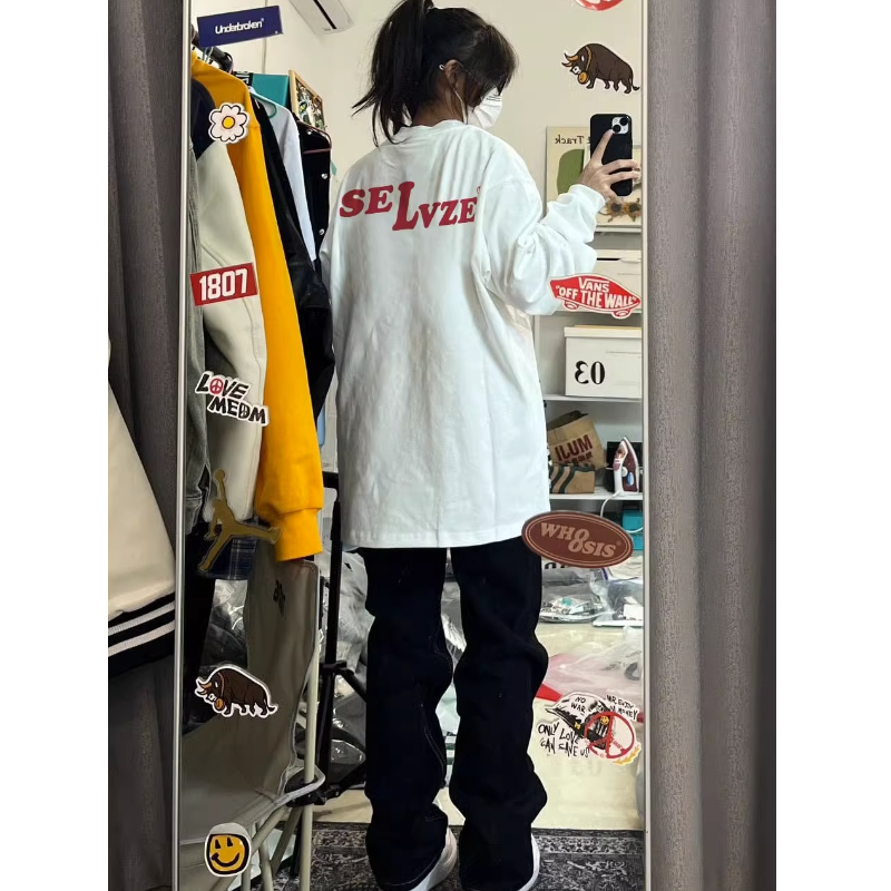 美式重磅白色打底t恤女長袖春秋oversize潮牌高街正肩衛衣上衣ins