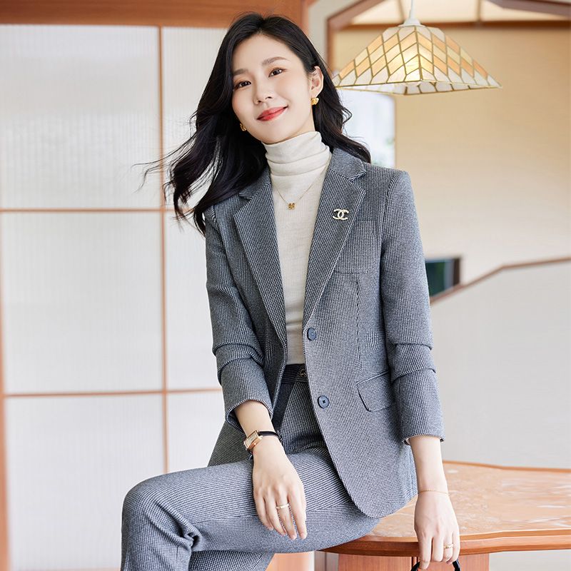 韓版英倫風格子小西裝外套女2023秋冬季修身顯瘦氣質長袖西服套裝