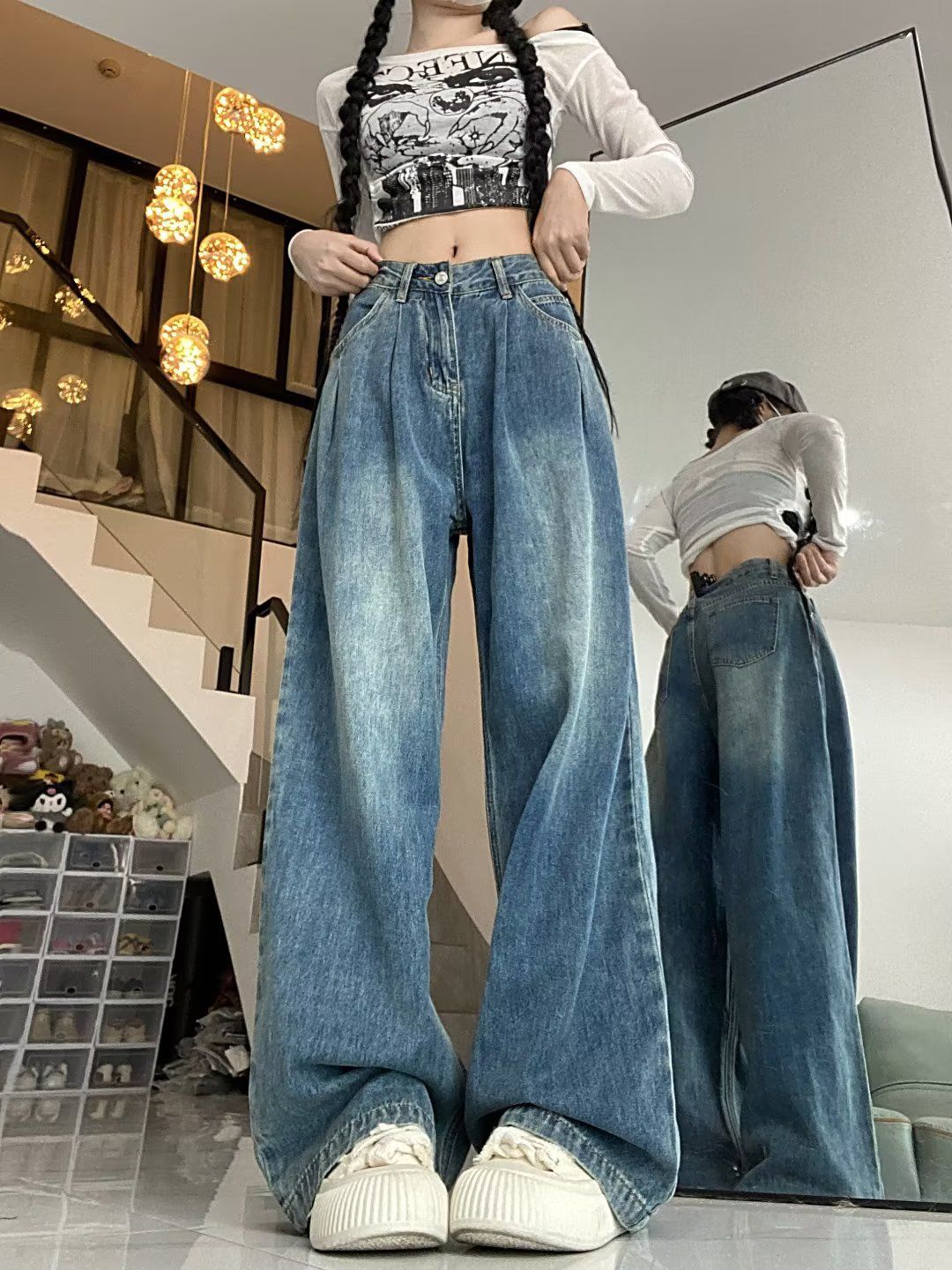 復古高腰直筒牛仔褲女春秋大碼胖mm梨形身材寬鬆顯瘦拖地闊腿長褲