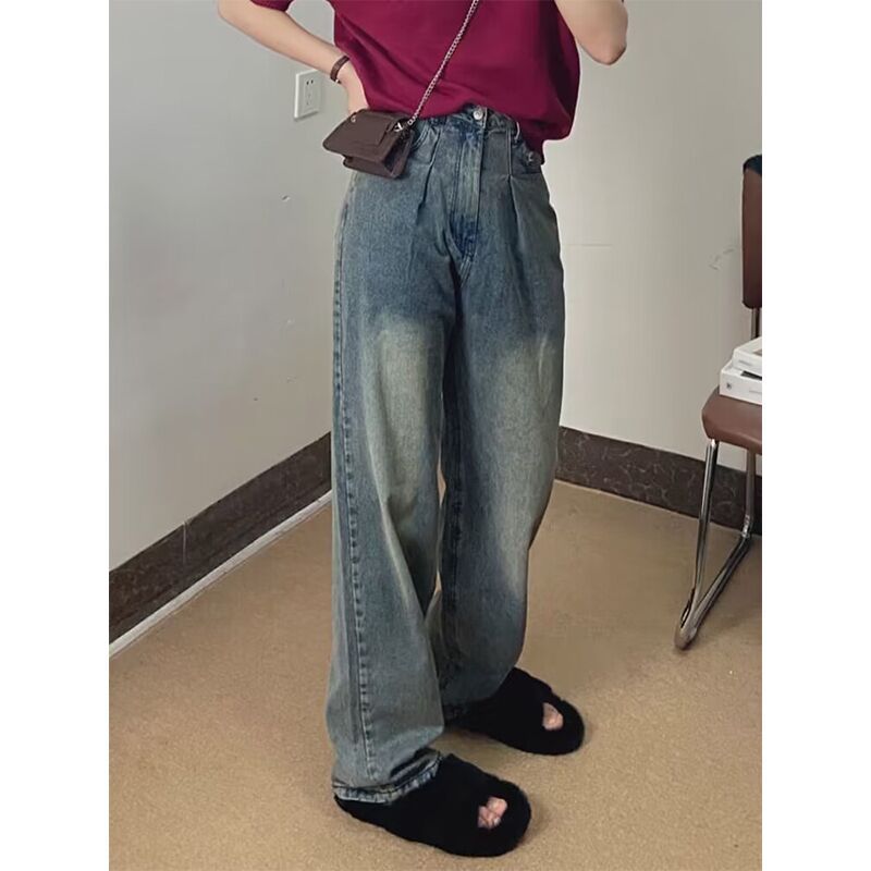 美式復古水洗闊腿牛仔褲女秋季ins新款辣妹高腰顯瘦直筒拖地褲子