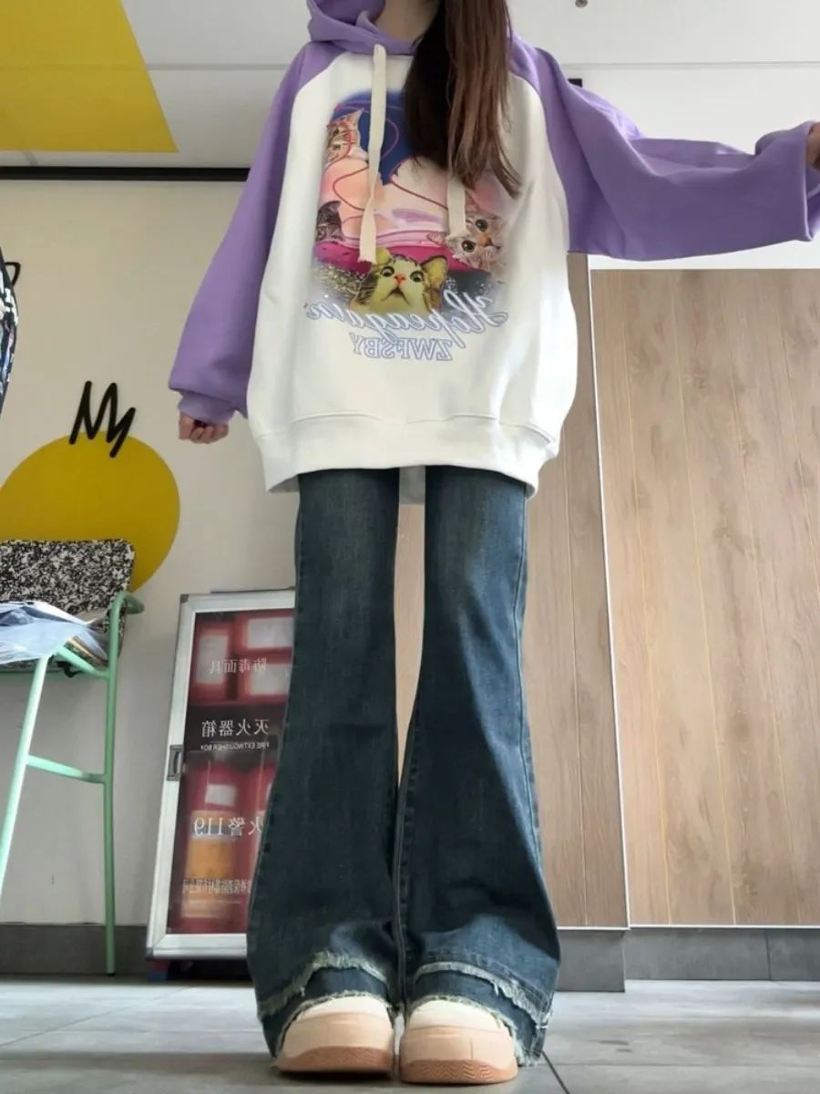 復古做舊微喇牛仔褲女2023秋季新款高腰寬鬆顯瘦直筒拖地褲ins潮
