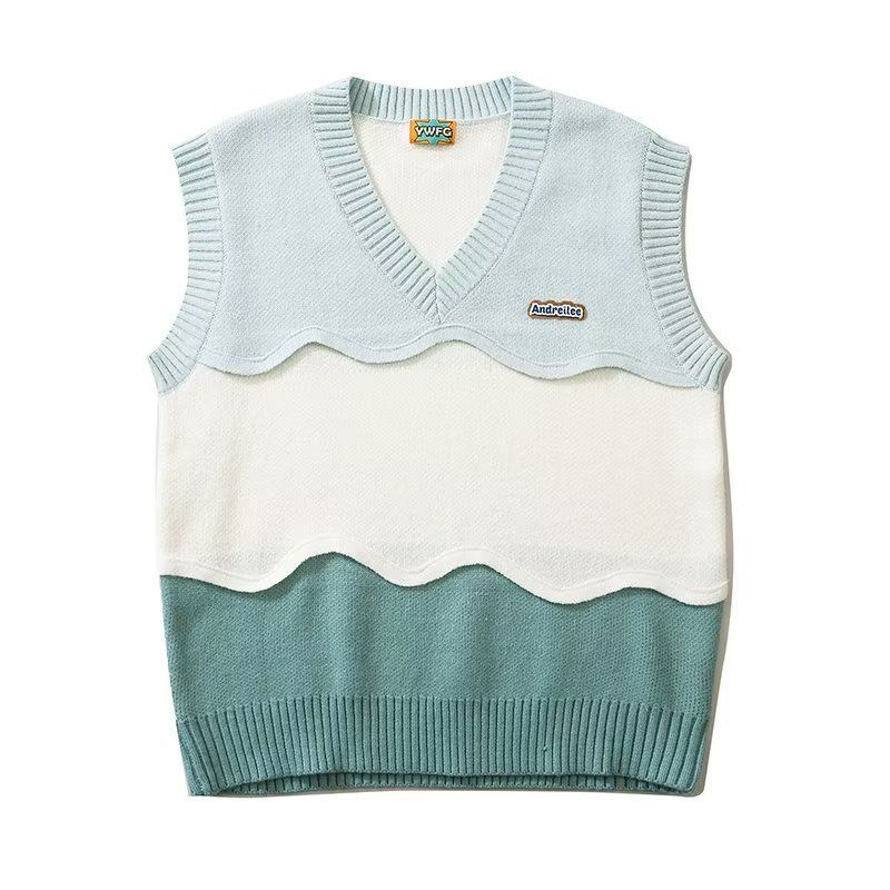Retro contrasting color splicing V-neck sweater vest for men and women loose college style sweater vest trend couple suit