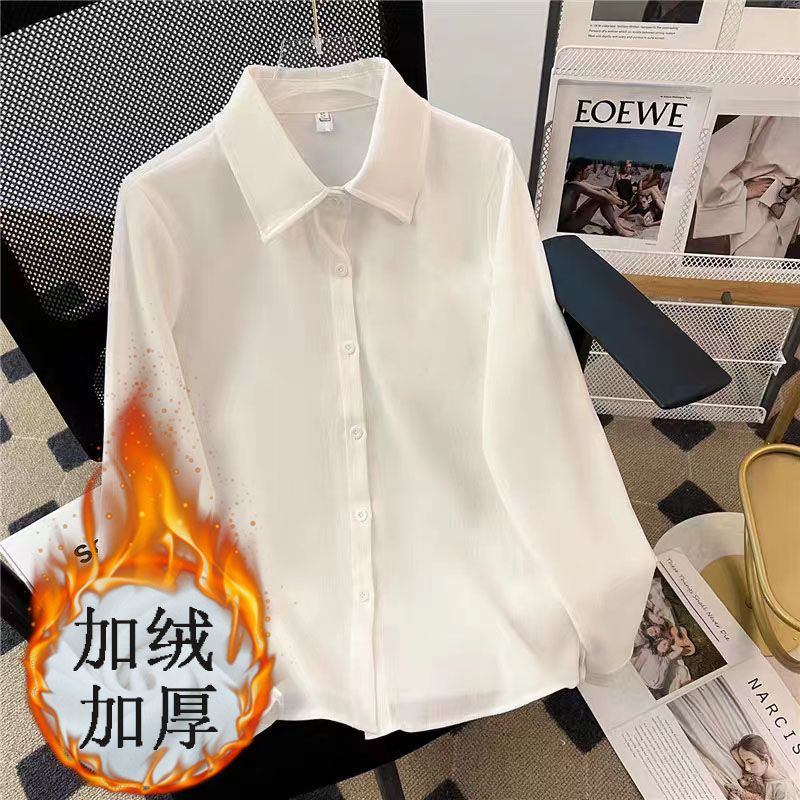 加絨襯衫女秋冬2023新款設計感小眾長袖襯衣打底學院風上衣加厚寸