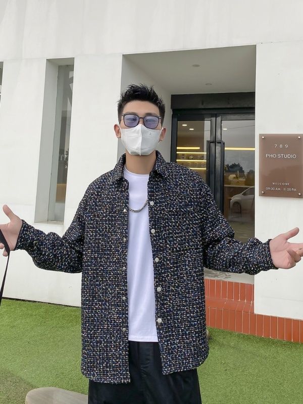 秋季新款編織小香風亮片翻領襯衫男休閒潮流外搭上衣情侶同款外套