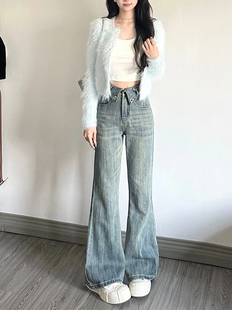 翻邊腰微喇牛仔褲女秋季新款高腰寬鬆顯瘦百搭直筒拖地喇叭褲子潮