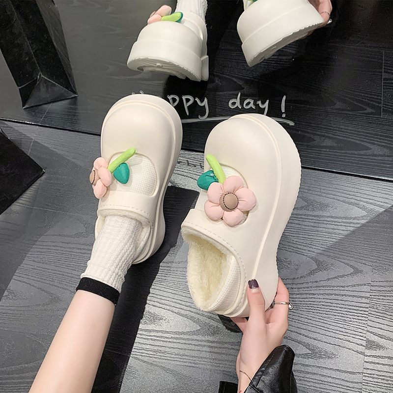 可愛花朵瑪麗珍棉鞋女外穿加絨保暖2023秋冬季防水防滑包頭棉拖鞋