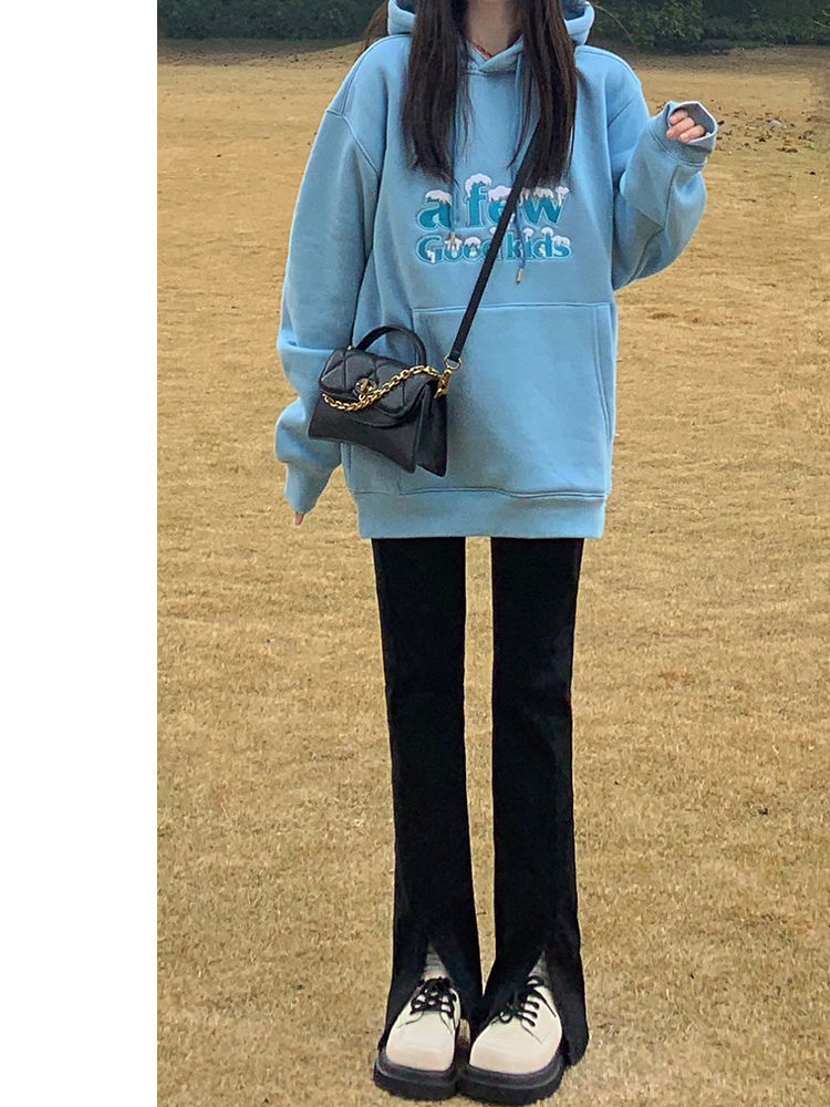 YSYOURS黑色開叉微喇叭牛仔褲女春秋高腰顯瘦小個子大碼馬蹄褲子