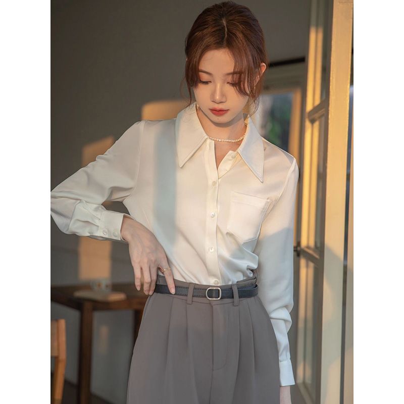 白色襯衫女職業正裝尖領長袖襯衣春秋氣質通勤法式設計感內搭上衣