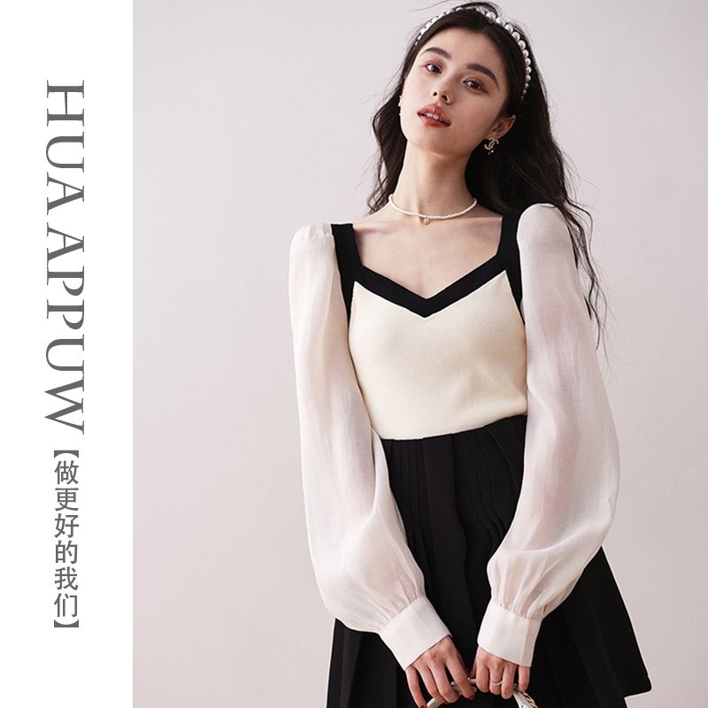 畫朴法式方領設計感針織衫女裝2023秋季新款泡泡袖拼接網紗毛衣潮